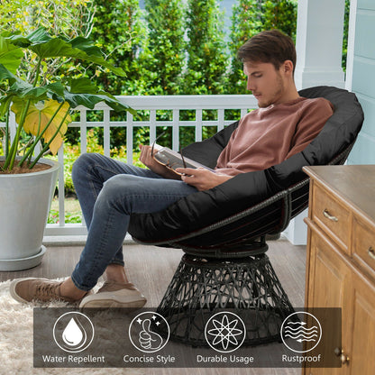 Rattan Papasan Chair with 360° Swivel and Soft Cushion-Black