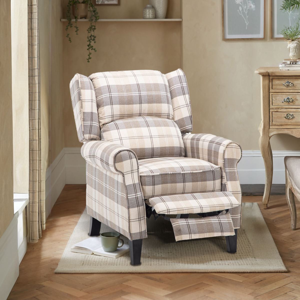 Tartan Upholstered Recliner Chair with Comfortable and Relaxing Footrest