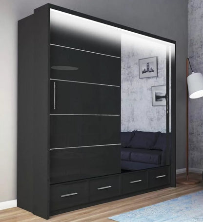 Mendeley 208cm High Gloss Sliding Wardrobe - Black, White, Grey