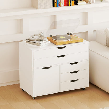 5-Drawer Chest with Door Mobile Chest of Drawers with 5 Casters-White