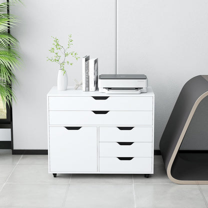 5-Drawer Chest with Door Mobile Chest of Drawers with 5 Casters-White