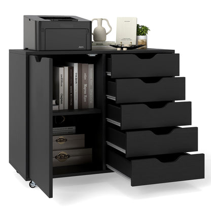 5-Drawer Chest with Door and Adjustable Shelf-Black