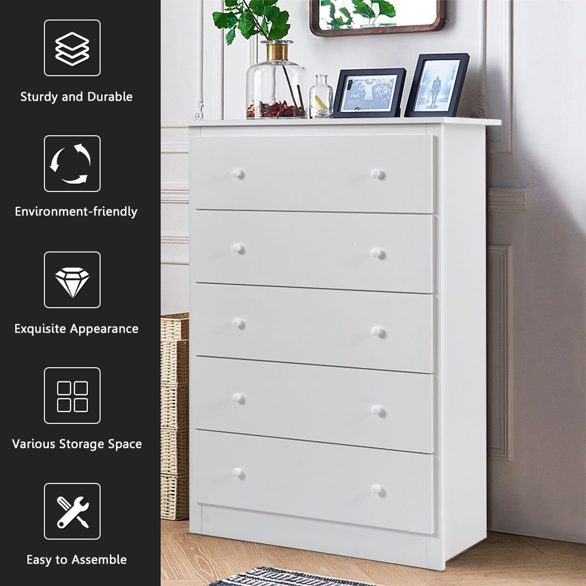 115cm Tall Wooden Storage Organizer Dresser with Metal Sliding Rails-White