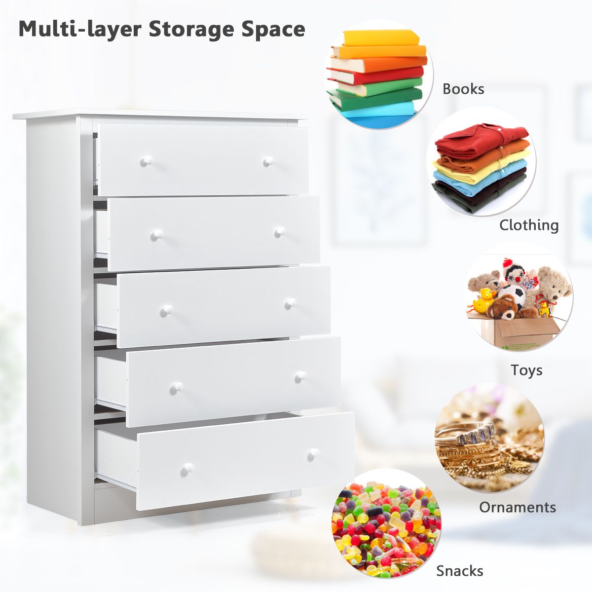 115cm Tall Wooden Storage Organizer Dresser with Metal Sliding Rails-White