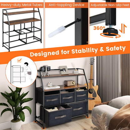 5 Drawers Dresser with Metal Frame and Anti-Toppling Devices-Brown