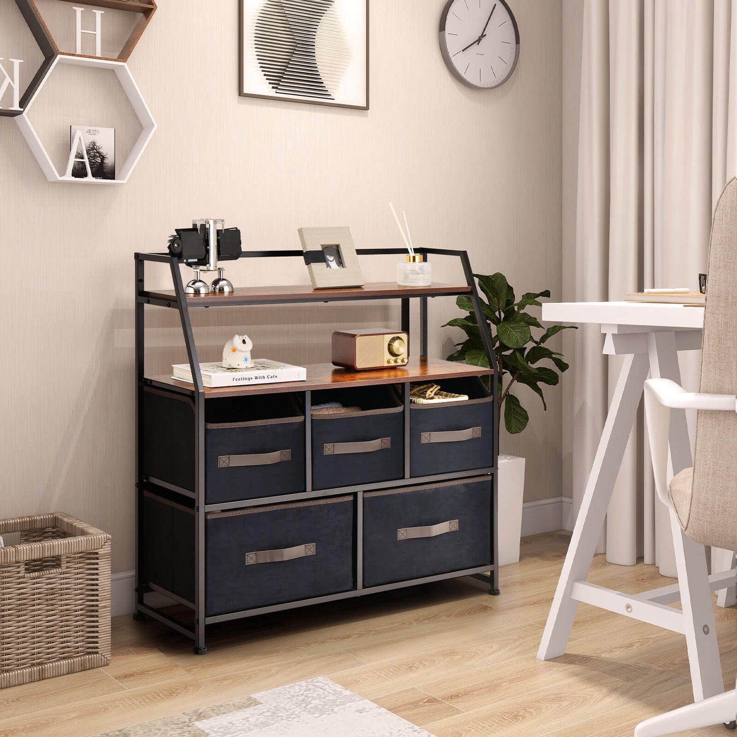 5 Drawers Dresser with Metal Frame and Anti-Toppling Devices-Brown