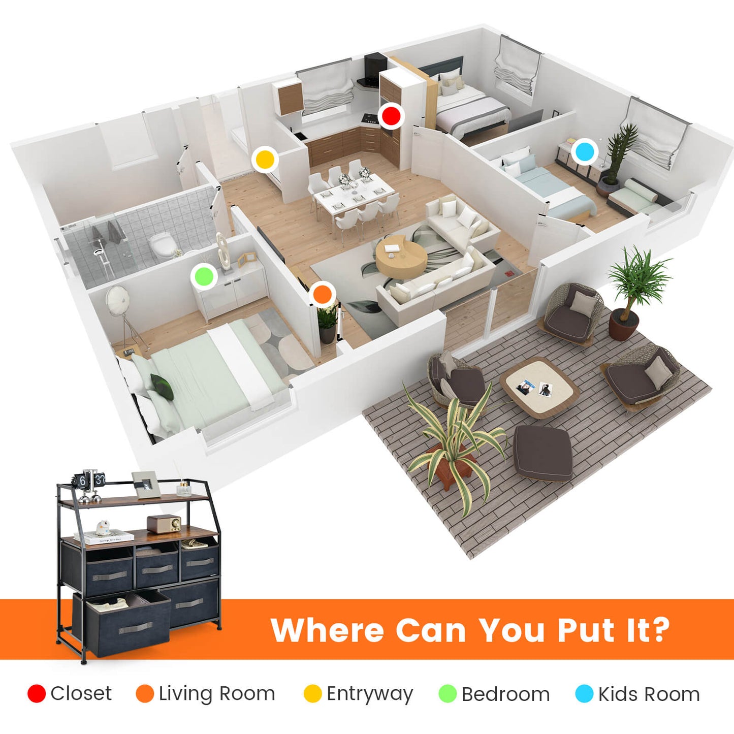 5 Drawers Dresser with Metal Frame and Anti-Toppling Devices-Brown