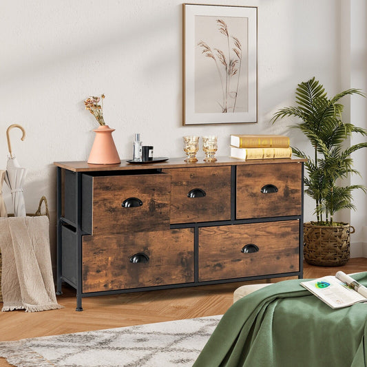 5-Drawer Multifunction Dresser with Foldable Drawers and Wooden Top-Rustic Brown
