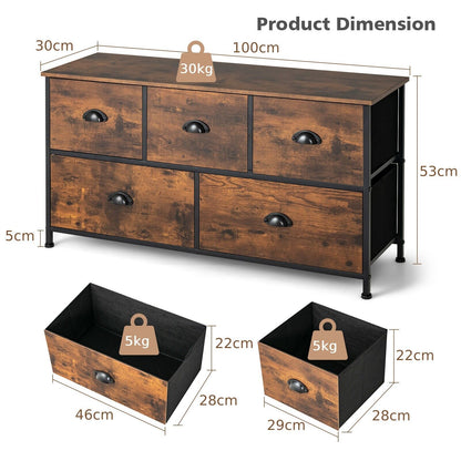 5-Drawer Multifunction Dresser with Foldable Drawers and Wooden Top-Rustic Brown