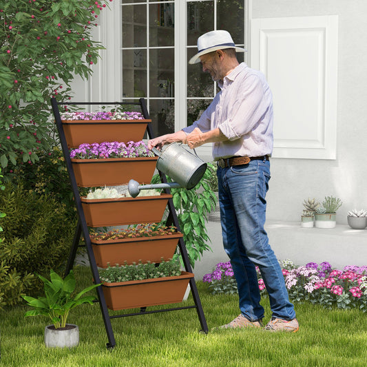 5-Layer Vertical Raised Garden Bed with Wheels and Drainage Holes-Brown
