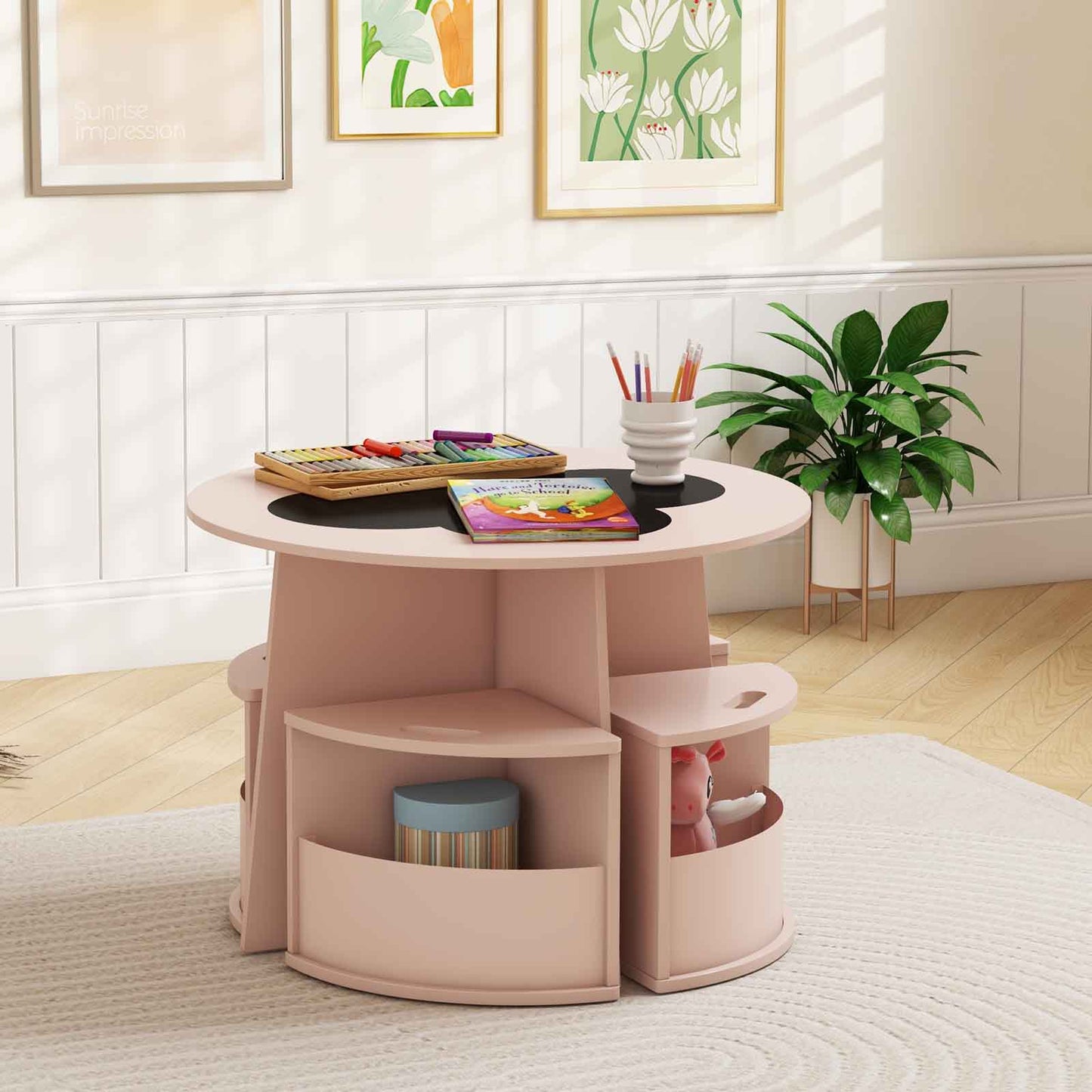 5 PCS Kids Table and Chair Set with Writable Blackboard Desktop-Pink