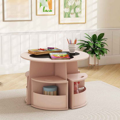 5 PCS Kids Table and Chair Set with Writable Blackboard Desktop-Pink