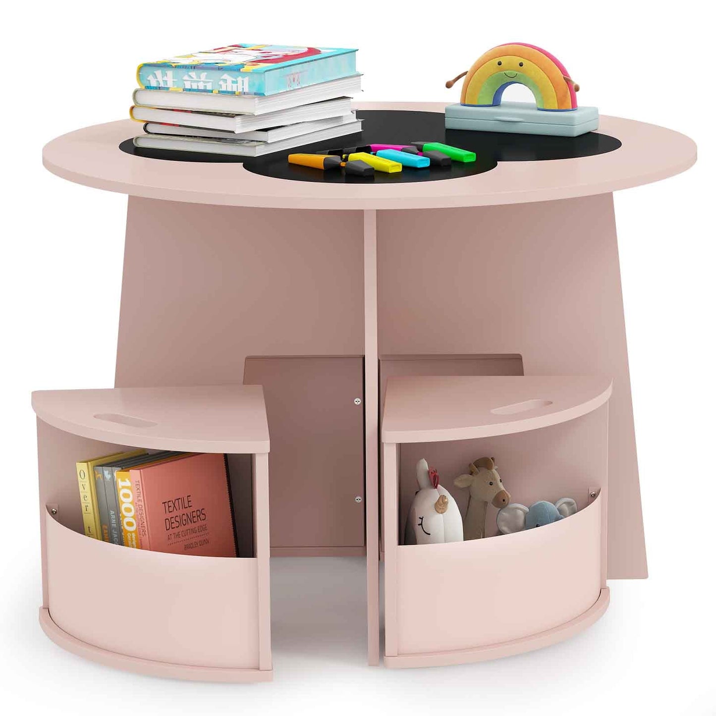5 PCS Kids Table and Chair Set with Writable Blackboard Desktop-Pink