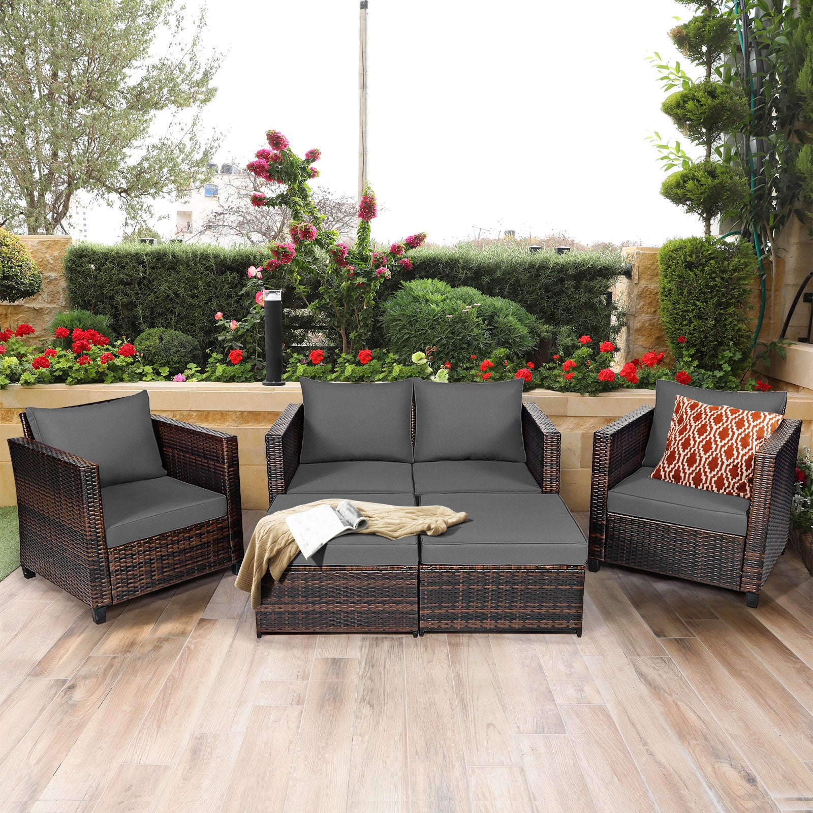 5 Pieces Outdoor Rattan Patio Furniture Set with Removable Cushions-Grey