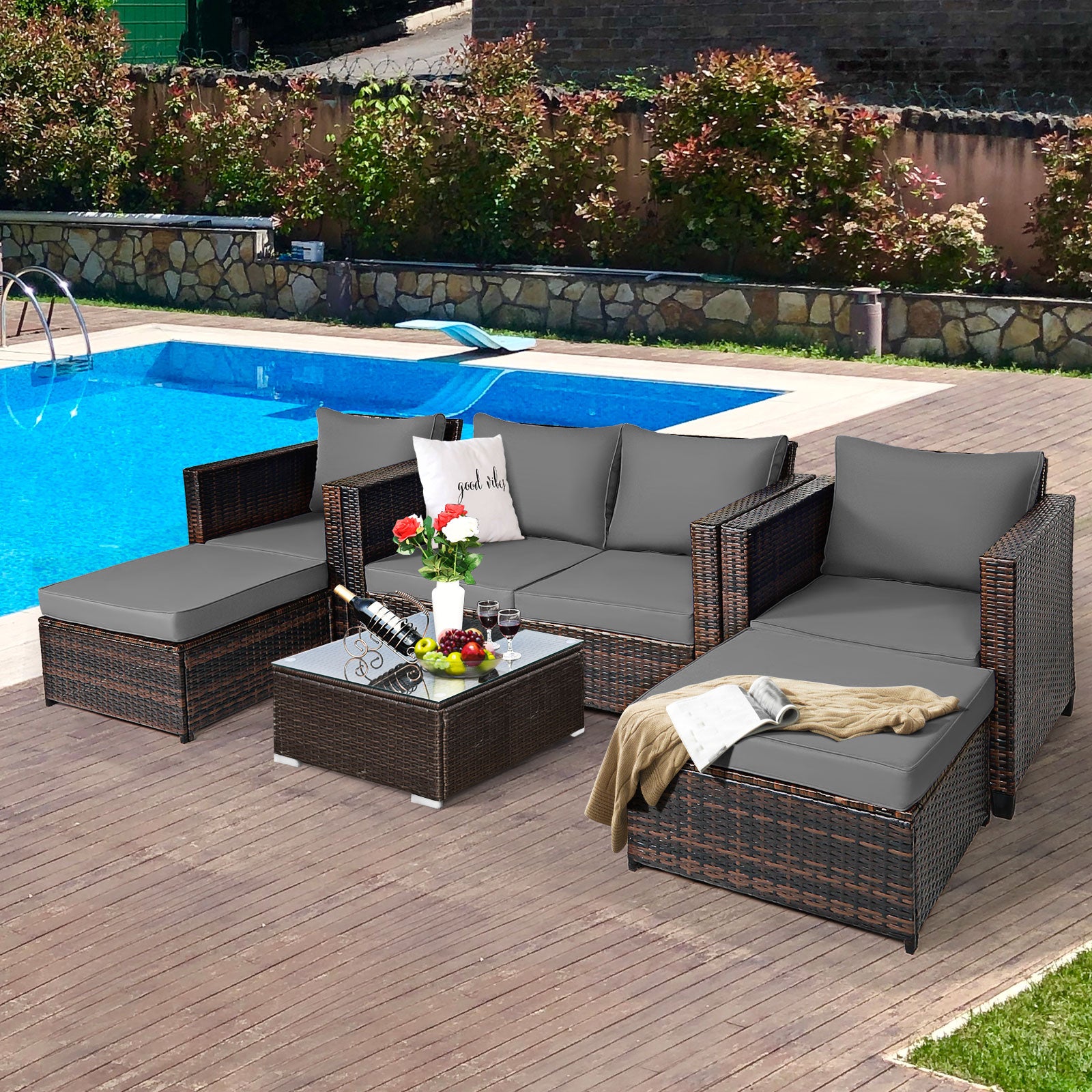 5 Pieces Outdoor Rattan Patio Furniture Set with Removable Cushions-Grey