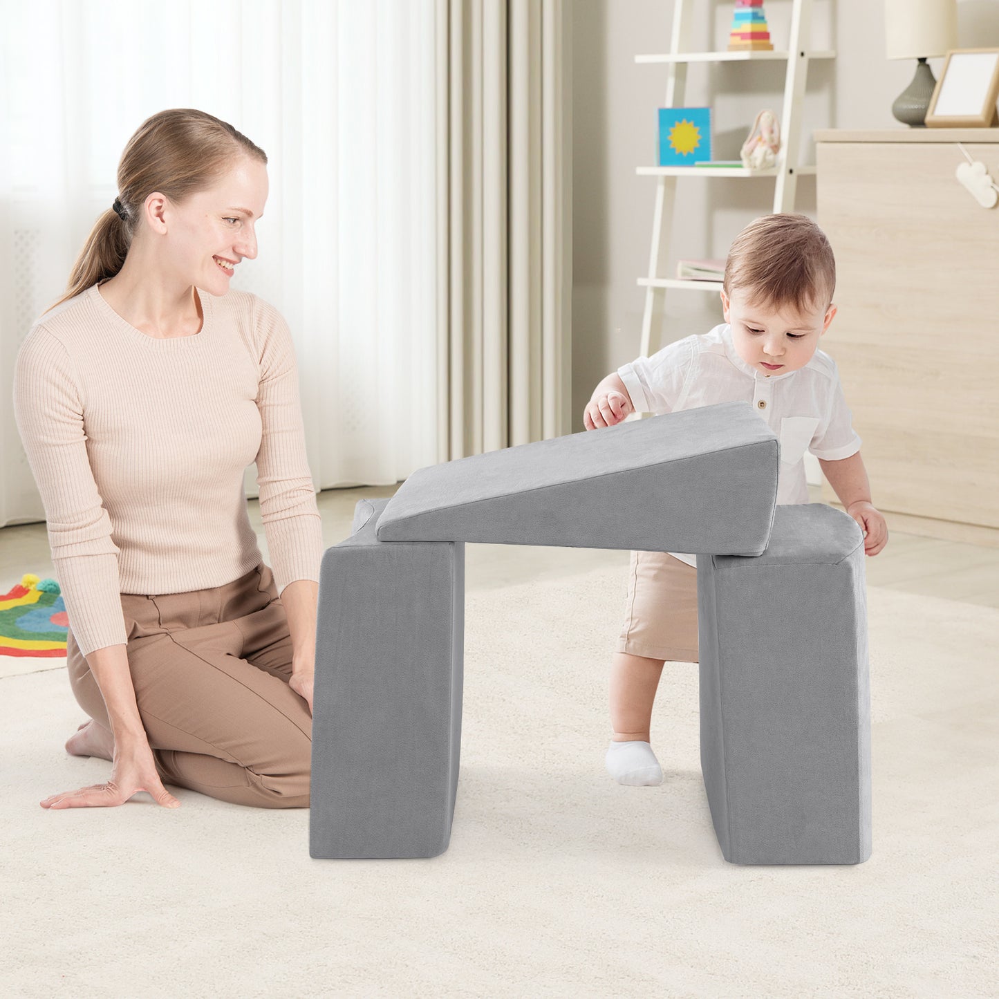 5-Piece Climb and Crawl Playset with Ball Pit for Kids-Grey