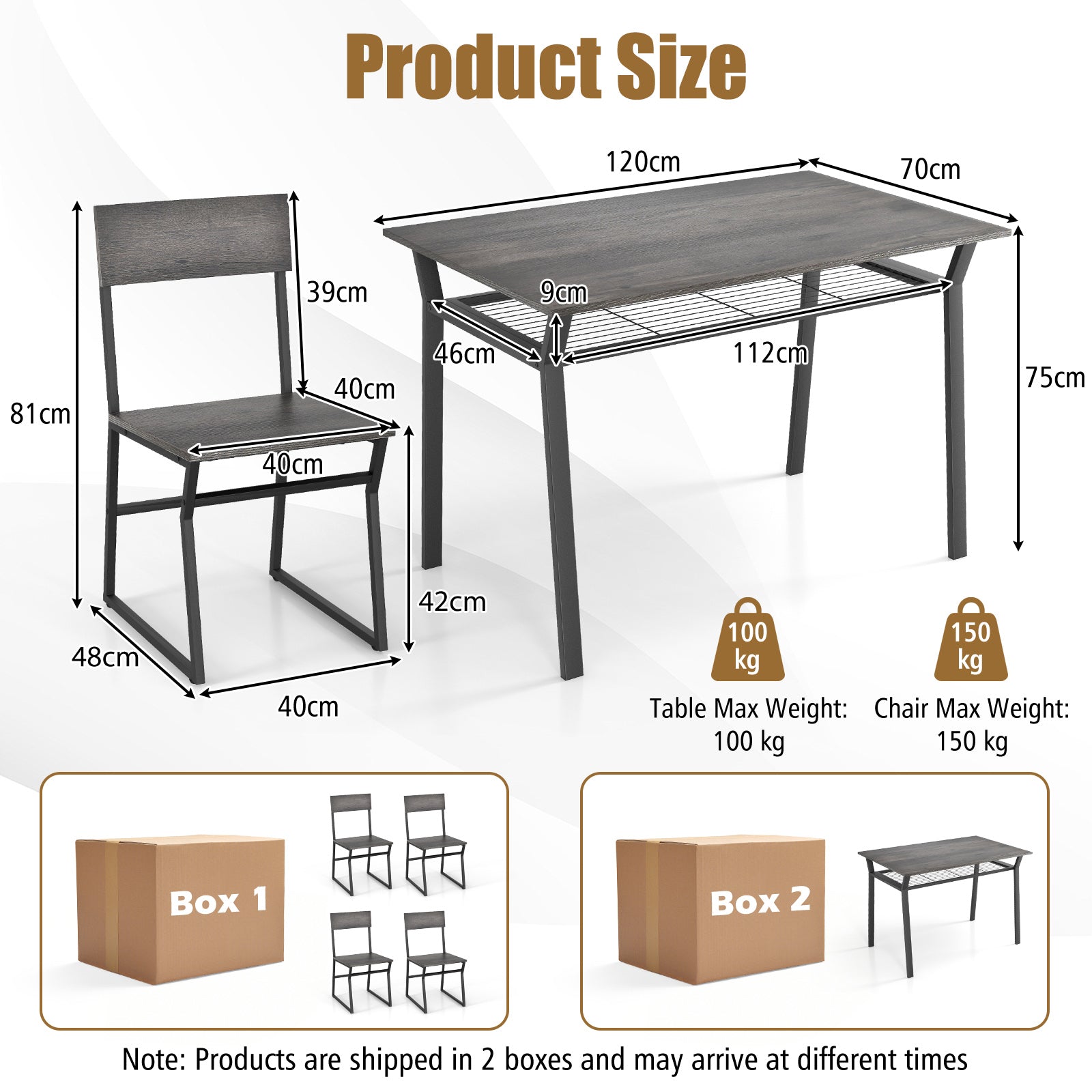 5 Piece Dining Table Set with Storage Rack and Metal Frame-Grey
