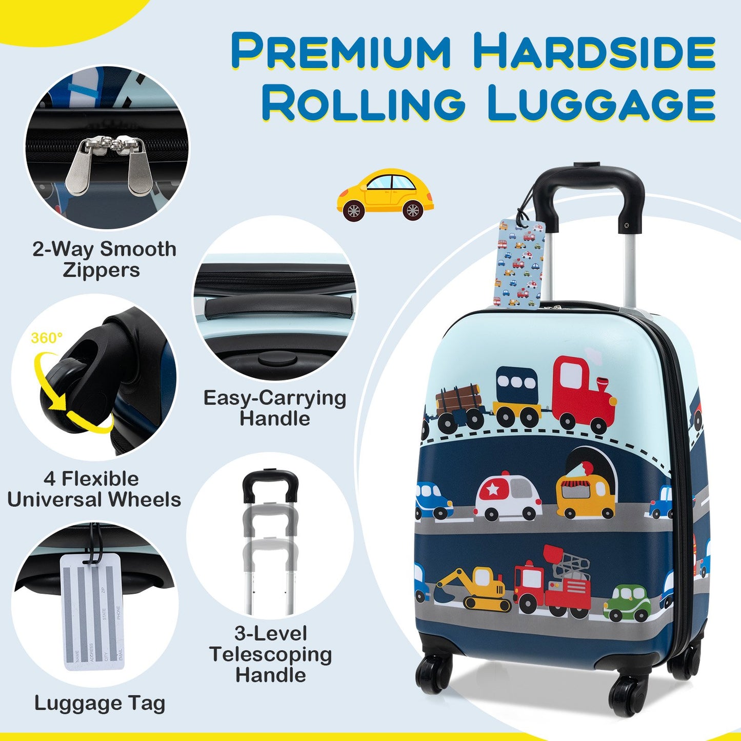 5 Piece Kids Luggage Set Carry-on Children Rolling Suitcase Set with Backpack-Blue