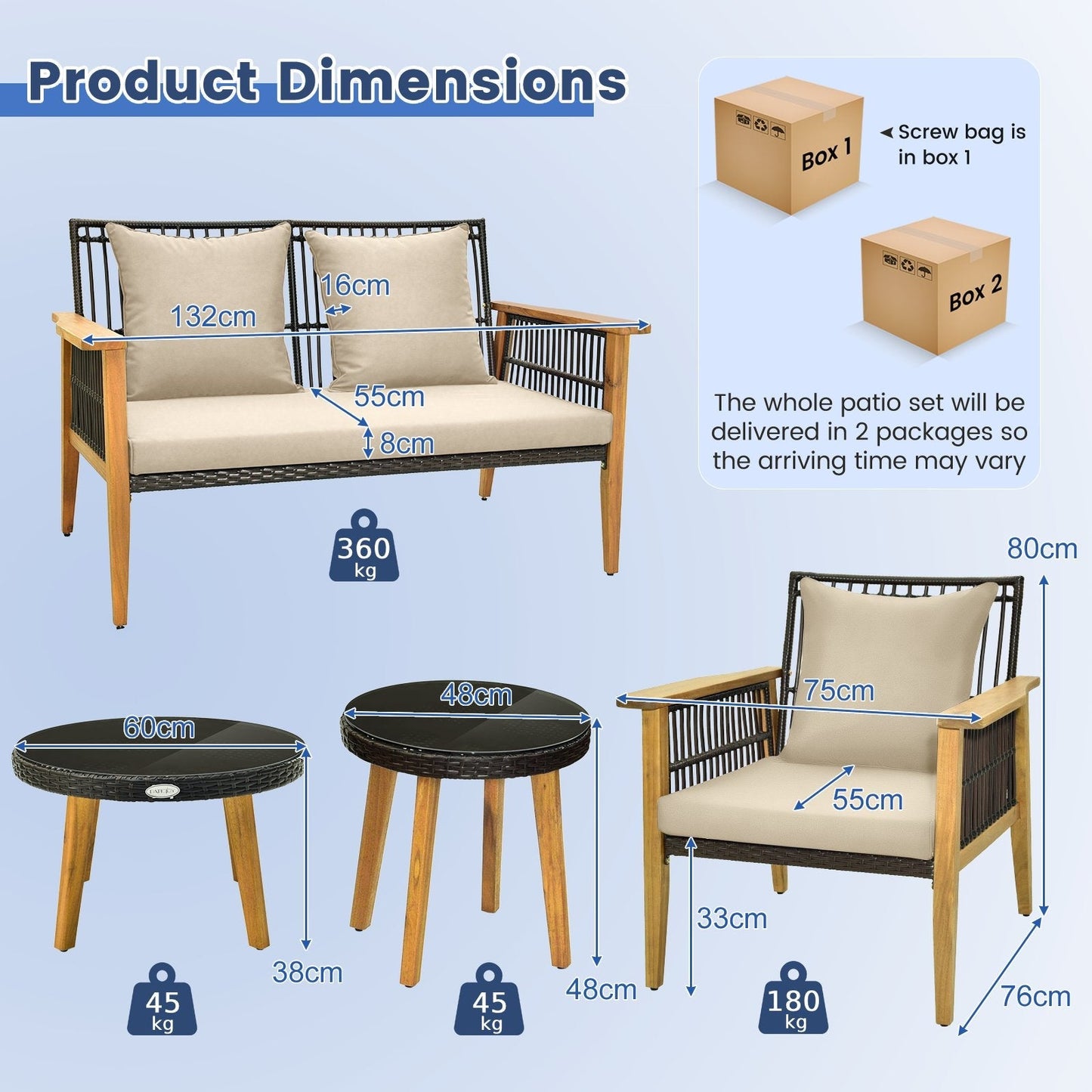 5 Pieces Outdoor Conversation Set with Acacia Wood Frame and Cushions-Brown