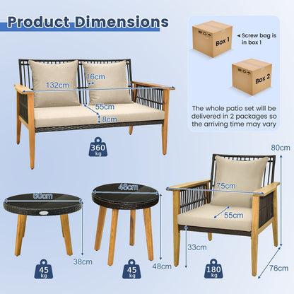 5 Pieces Outdoor Conversation Set with Acacia Wood Frame and Cushions-Brown