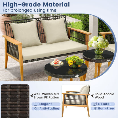 5 Pieces Outdoor Conversation Set with Acacia Wood Frame and Cushions-Brown