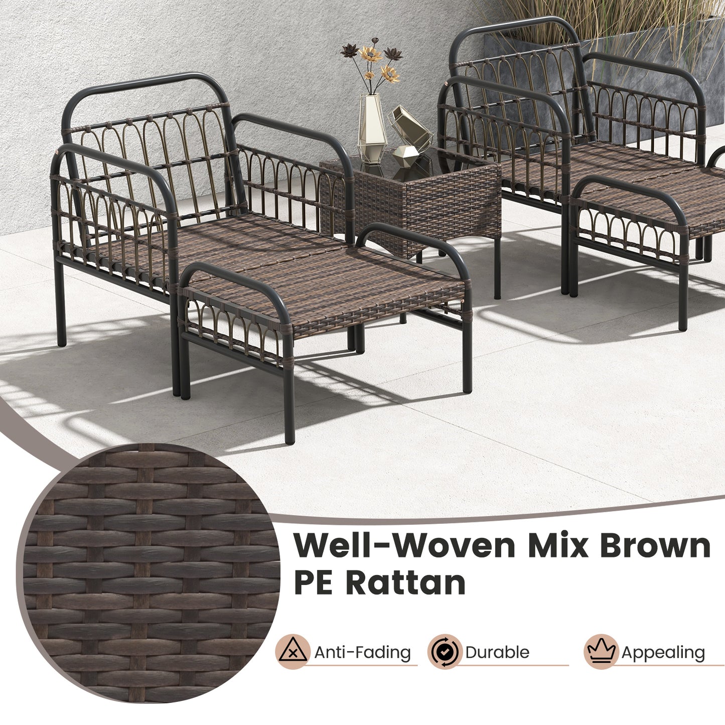5 Piece Patio Conversation Set with Ottomans and Coffee Table-White