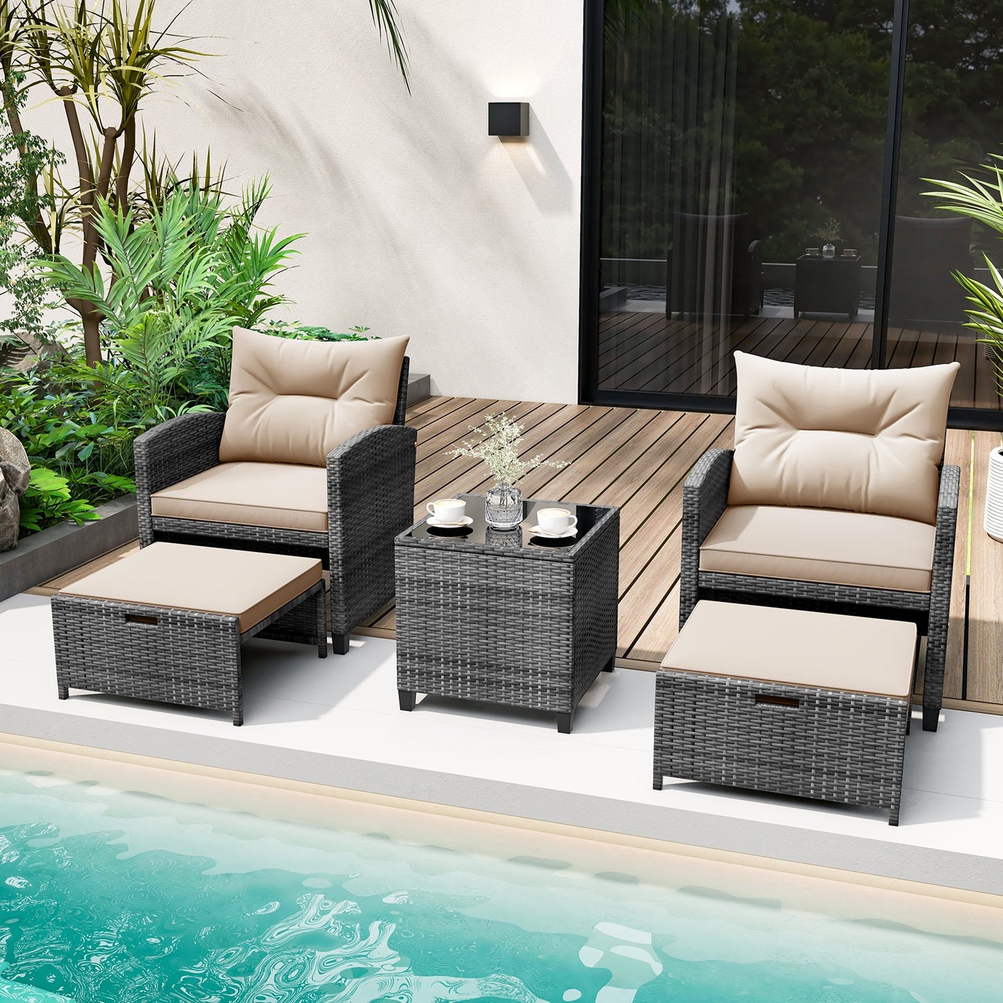 5 Piece Wicker Patio Furniture Set with 2 Cushioned Chairs and 2 Ottomans-Beige