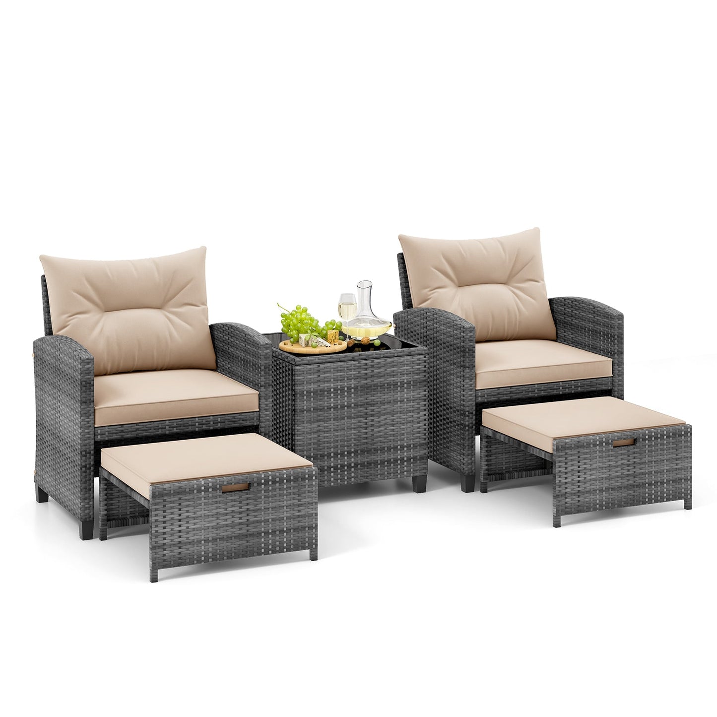 5 Piece Wicker Patio Furniture Set with 2 Cushioned Chairs and 2 Ottomans-Beige
