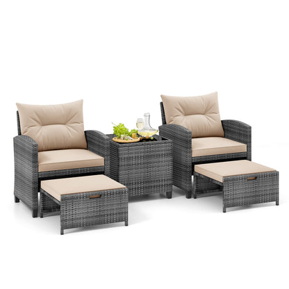 5 Piece Wicker Patio Furniture Set with 2 Cushioned Chairs and 2 Ottomans-Beige