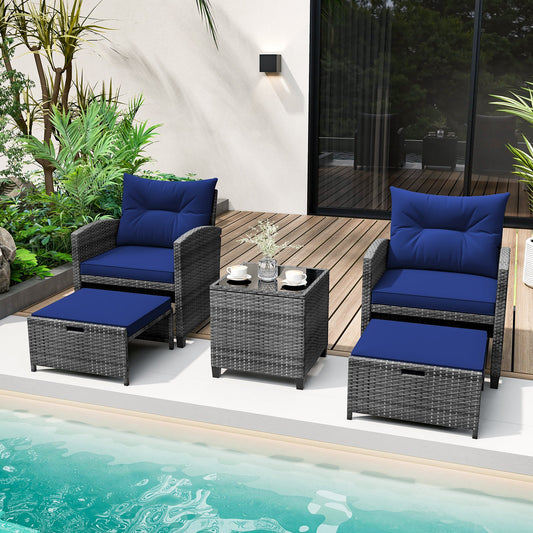 5 Piece Wicker Patio Furniture Set with 2 Cushioned Chairs and 2 Ottomans-Navy