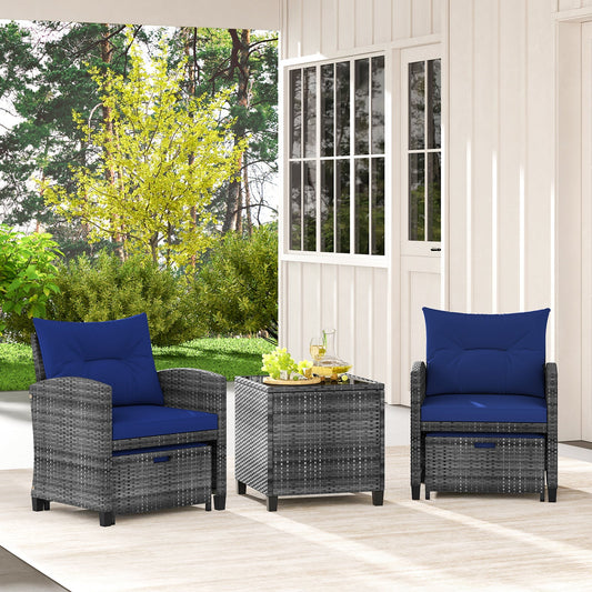 5 Piece Wicker Patio Furniture Set with 2 Cushioned Chairs and 2 Ottomans-Navy
