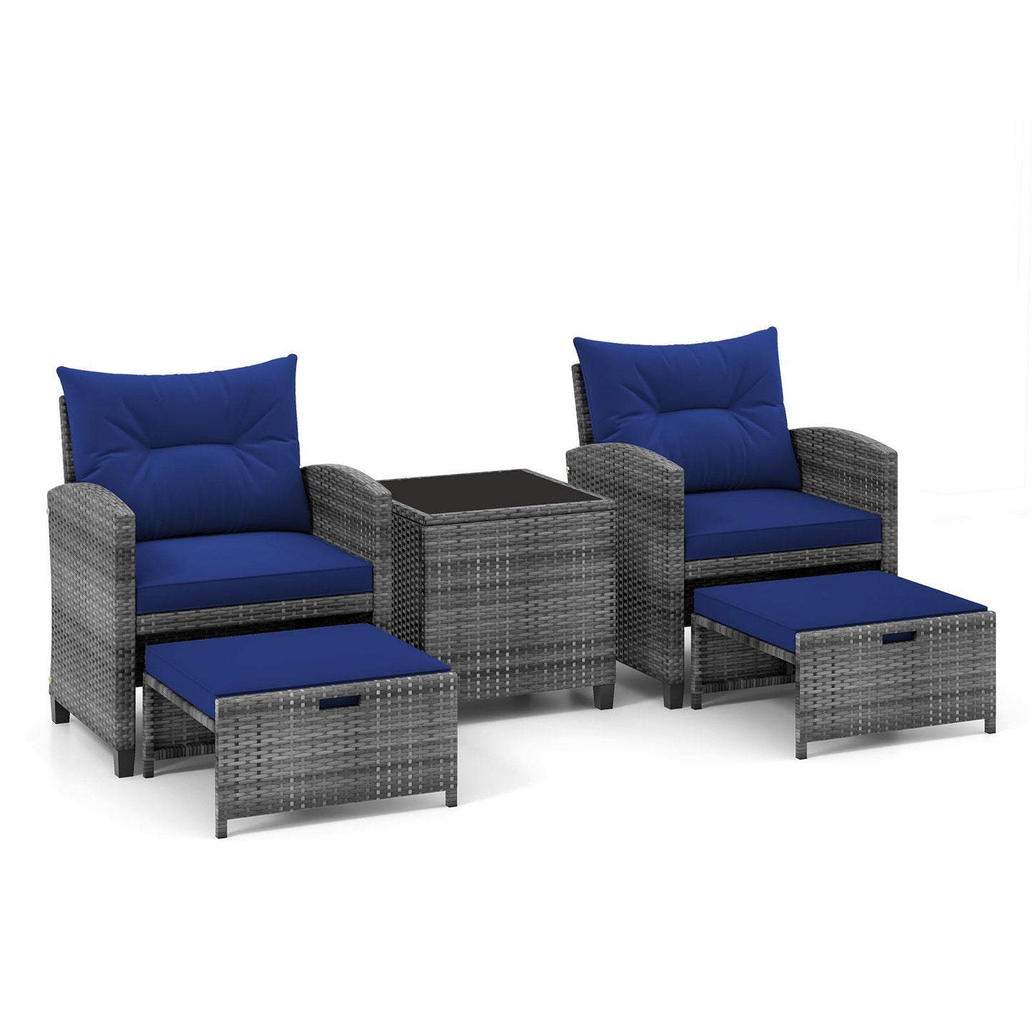 5 Piece Wicker Patio Furniture Set with 2 Cushioned Chairs and 2 Ottomans-Navy