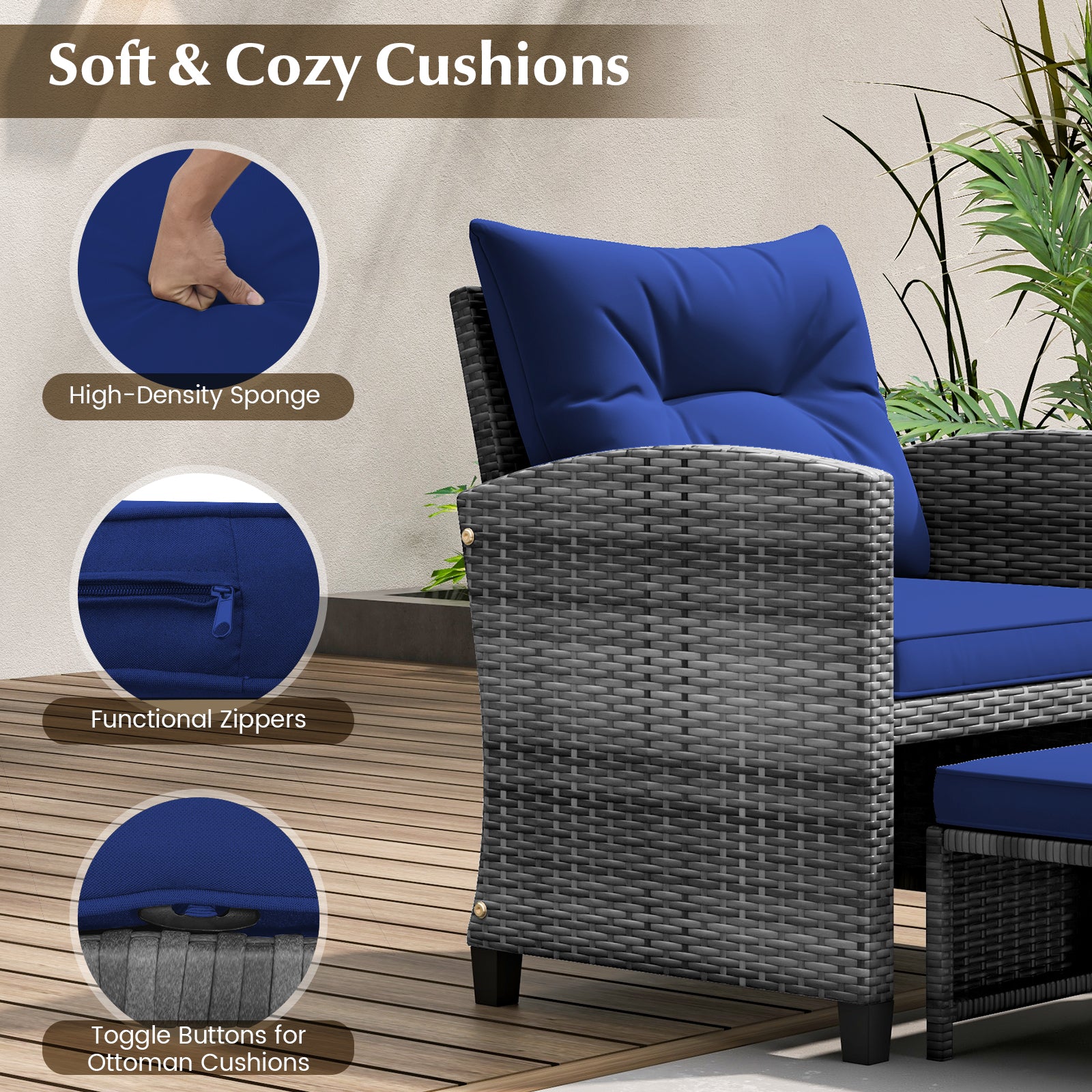 5 Piece Wicker Patio Furniture Set with 2 Cushioned Chairs and 2 Ottomans-Navy