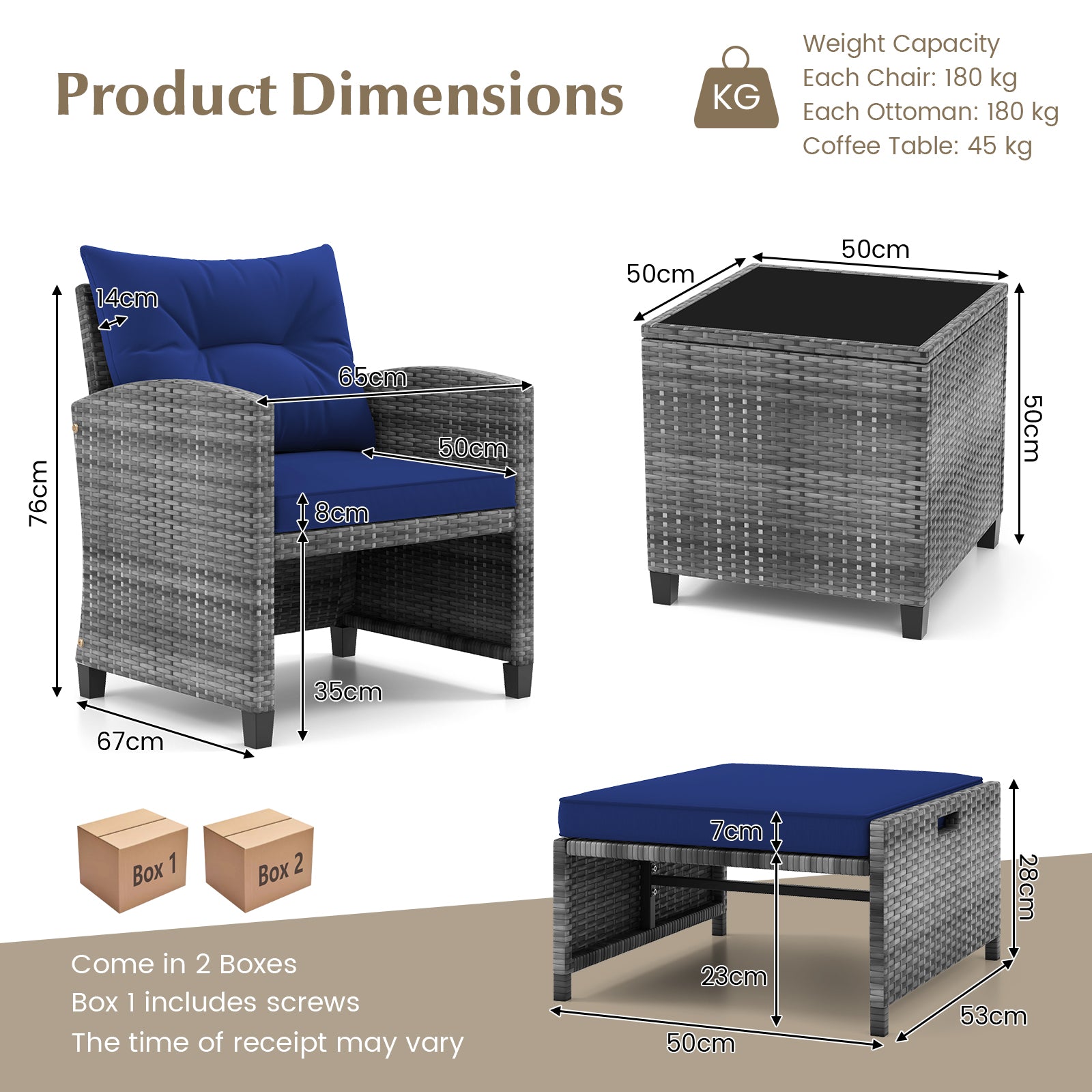 5 Piece Wicker Patio Furniture Set with 2 Cushioned Chairs and 2 Ottomans-Navy