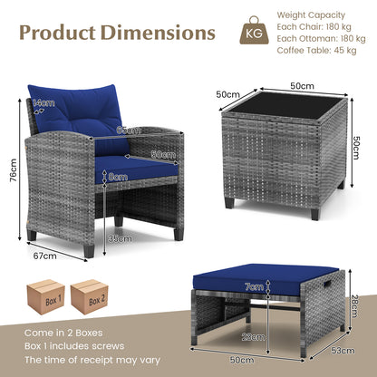 5 Piece Wicker Patio Furniture Set with 2 Cushioned Chairs and 2 Ottomans-Navy