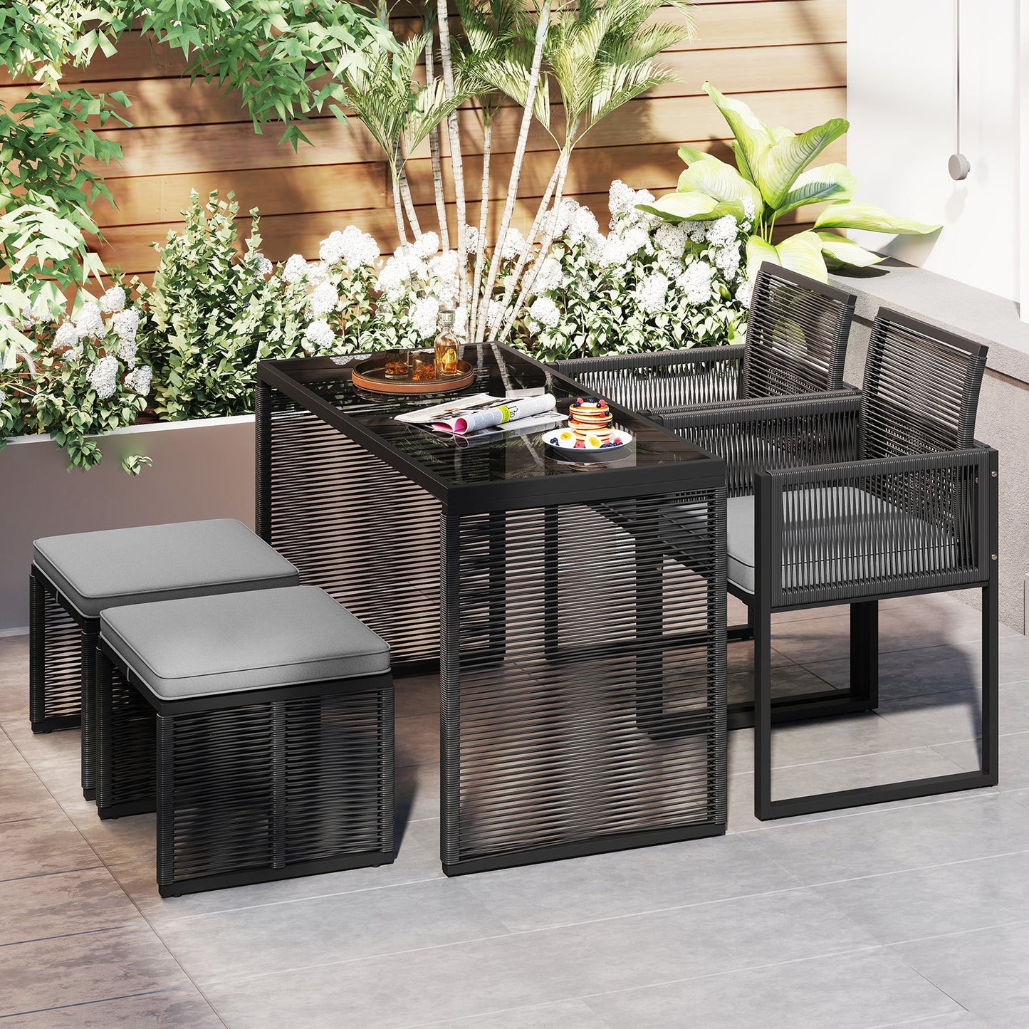 5 Pieces Patio Dining Set with Removable Cushions and Rattan Ottomans-Grey
