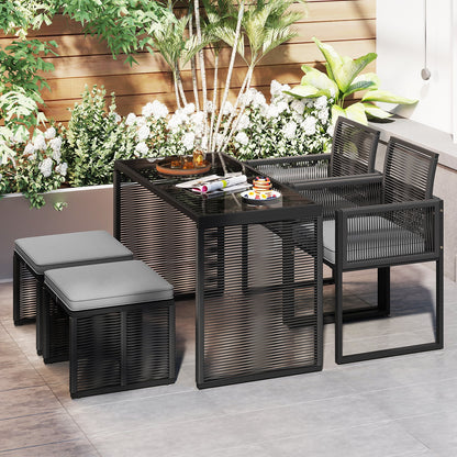 5 Pieces Patio Dining Set with Removable Cushions and Rattan Ottomans-Grey