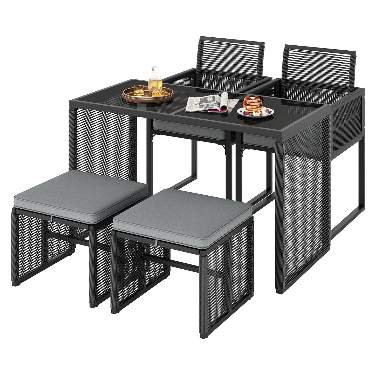 5 Pieces Patio Dining Set with Removable Cushions and Rattan Ottomans-Grey