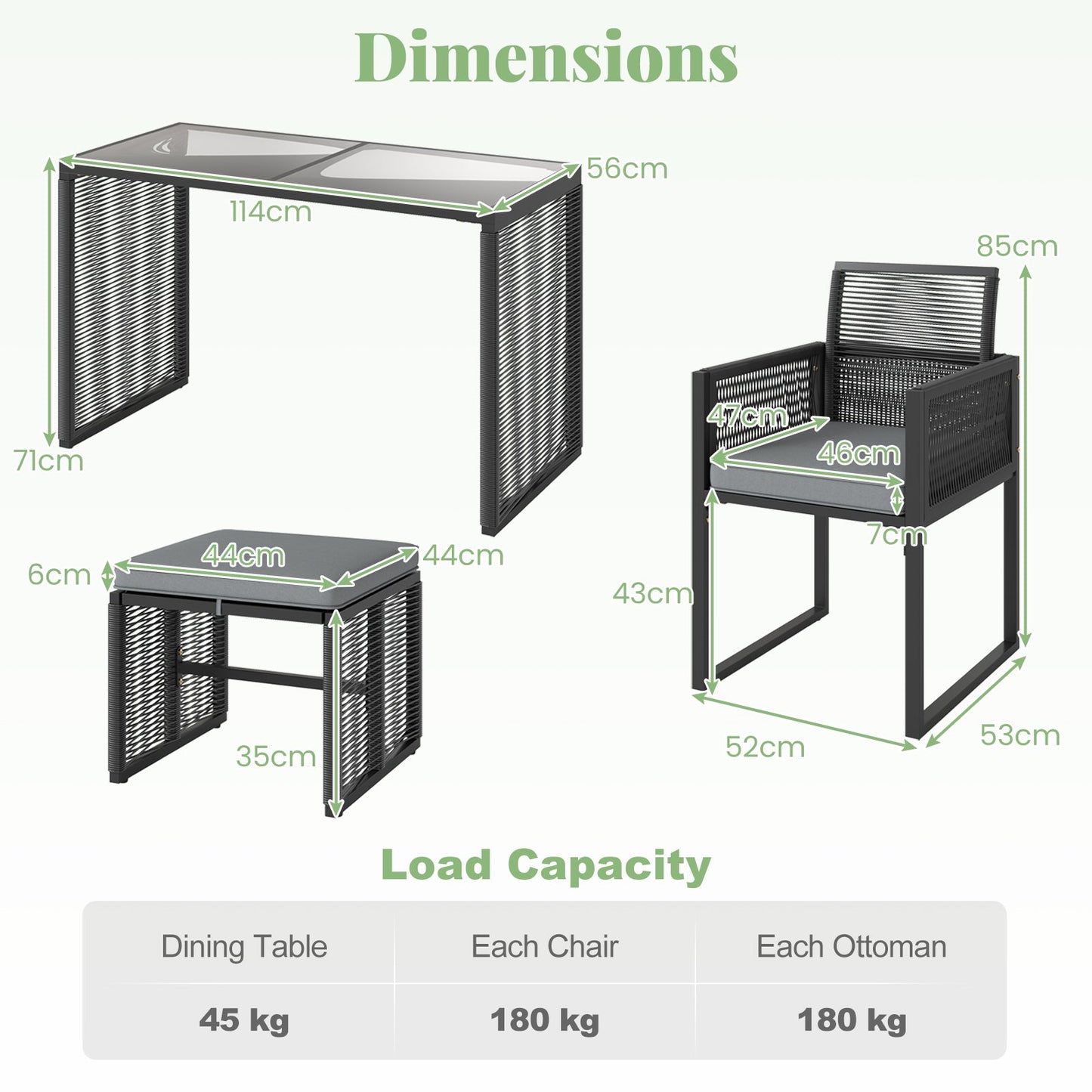 5 Pieces Patio Dining Set with Removable Cushions and Rattan Ottomans-Grey