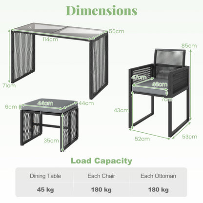 5 Pieces Patio Dining Set with Removable Cushions and Rattan Ottomans-Grey