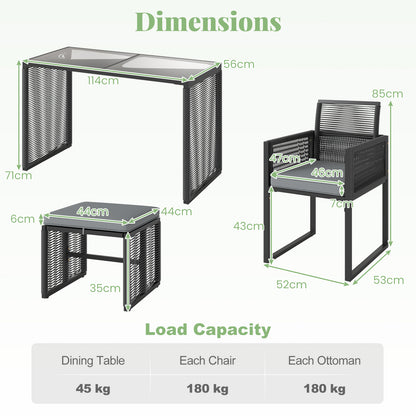 5 Pieces Patio Dining Set with Removable Cushions and Rattan Ottomans-Grey
