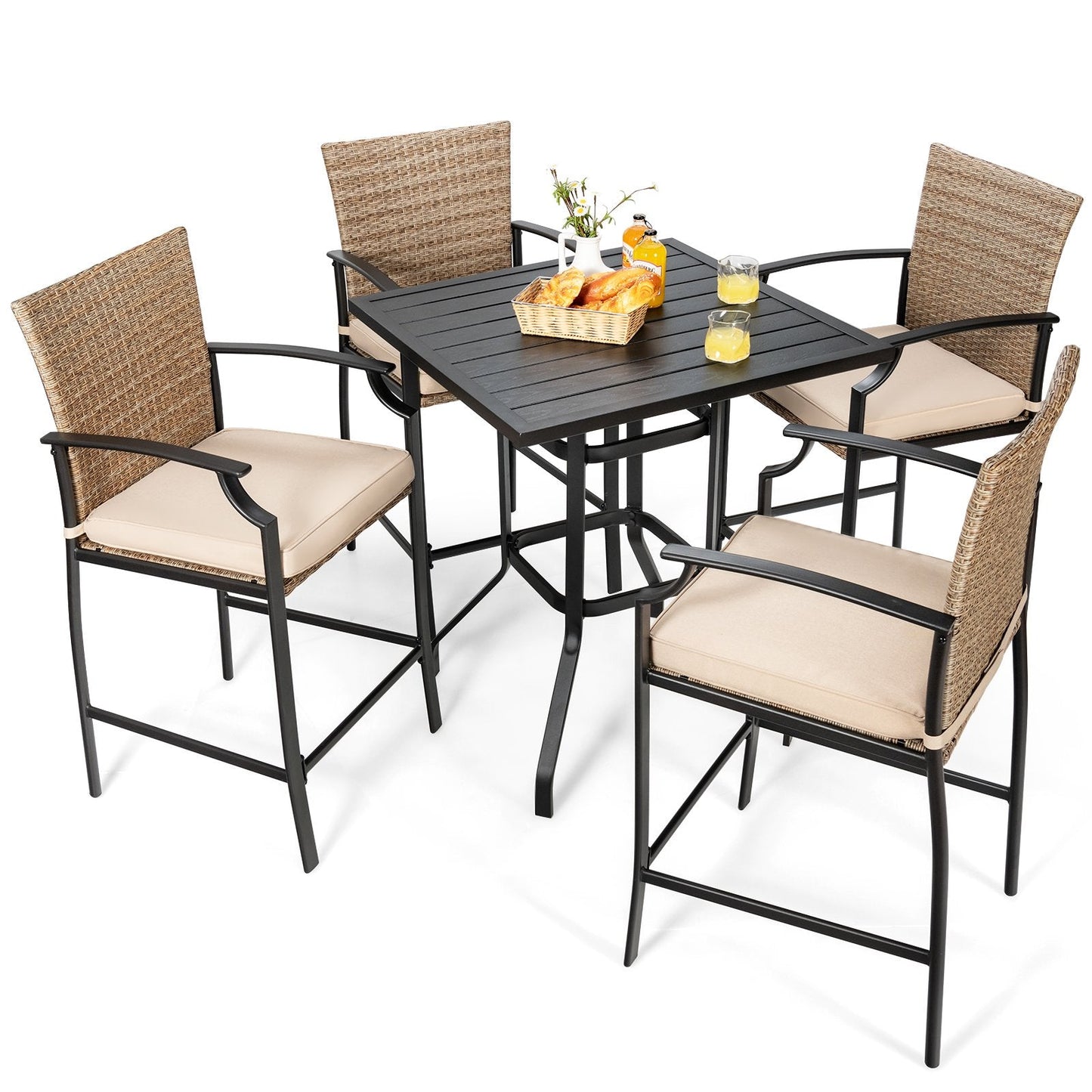 5 Pieces Patio Rattan Bar Stool Set with 4 Wicker Bar Chairs and 1 Bar Table