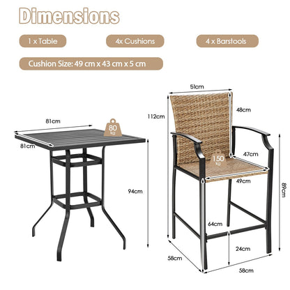 5 Pieces Patio Rattan Bar Stool Set with 4 Wicker Bar Chairs and 1 Bar Table