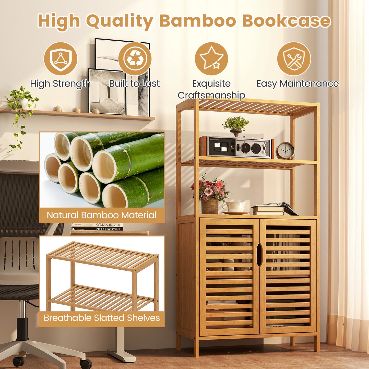 5-Tier Bookshelf with Open Shelves and Louvered Cabinet-Natural
