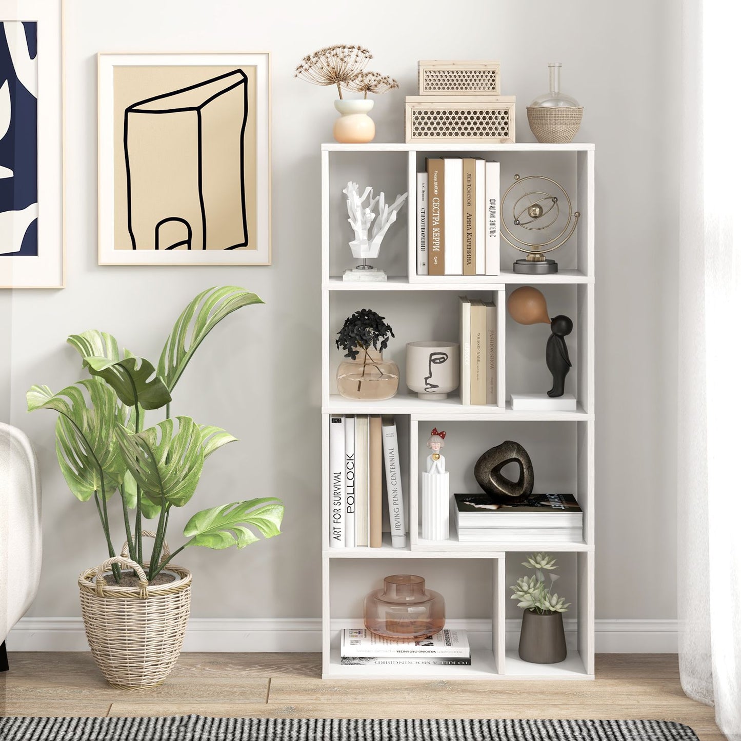 5-Tier Geometric Bookshelf with 8 Cubes Floor Standing Open Display White