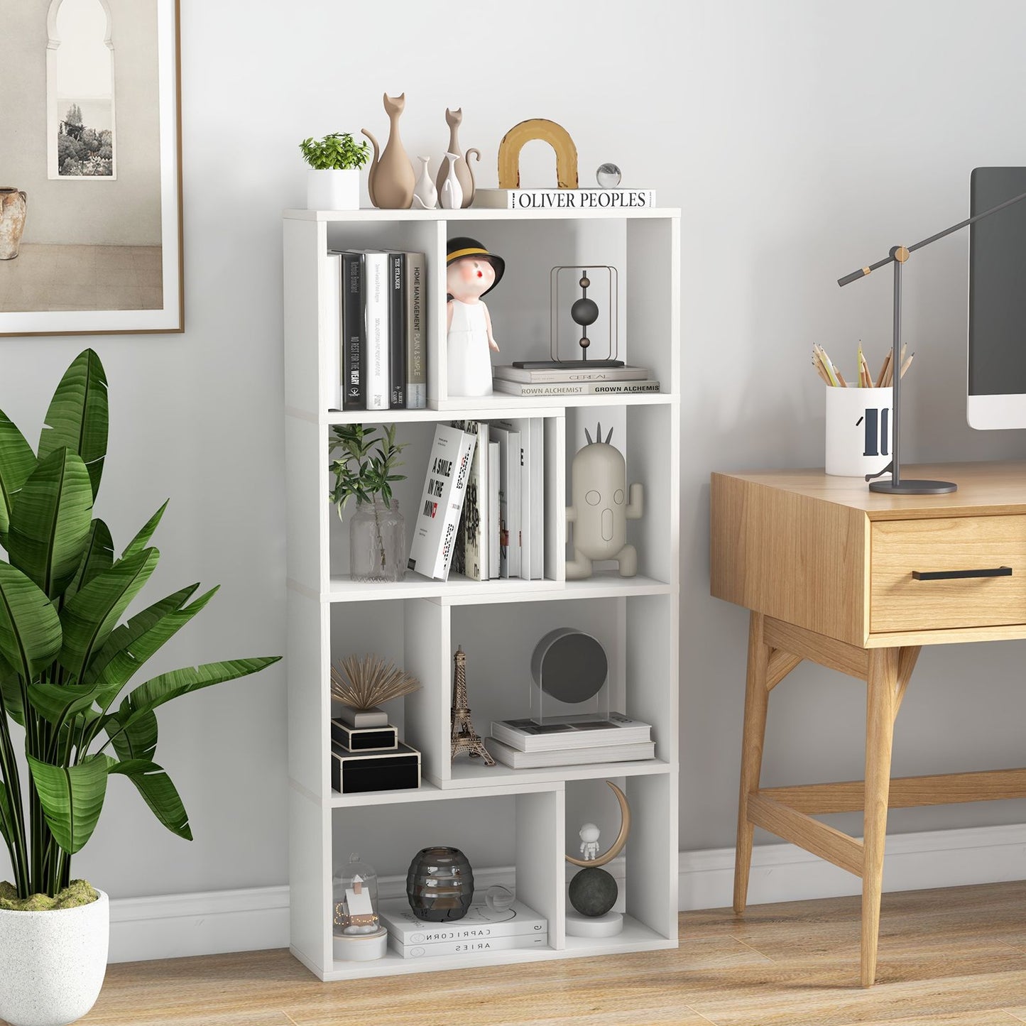 5-Tier Geometric Bookshelf with 8 Cubes Floor Standing Open Display White