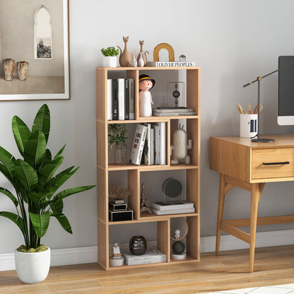 5-Tier Geometric Bookshelf with 8 Cubes Floor Standing Open Display Natural