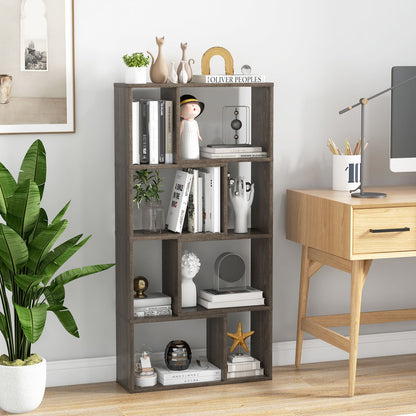 5-Tier Geometric Bookshelf with 8 Cubes Floor Standing Open Display Grey