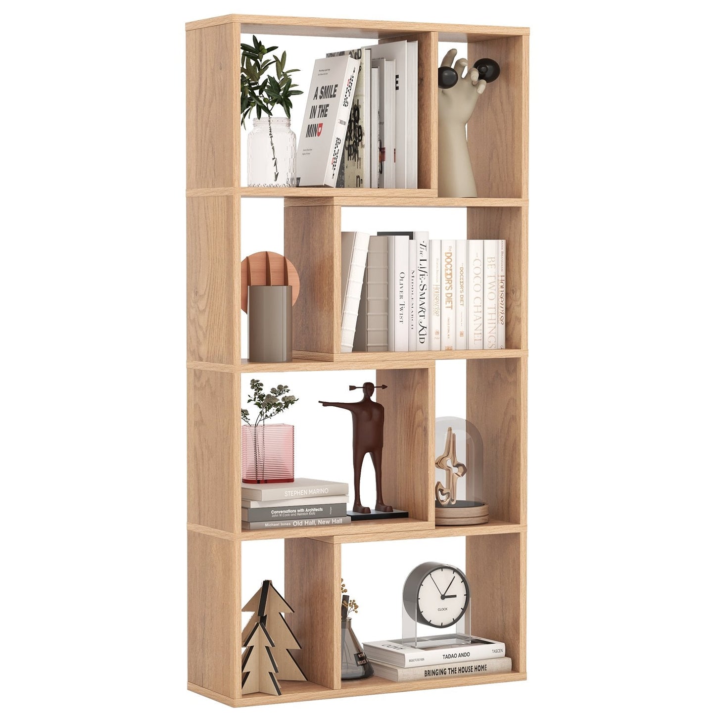 5-Tier Geometric Bookshelf with 8 Cubes Floor Standing Open Display-Natural