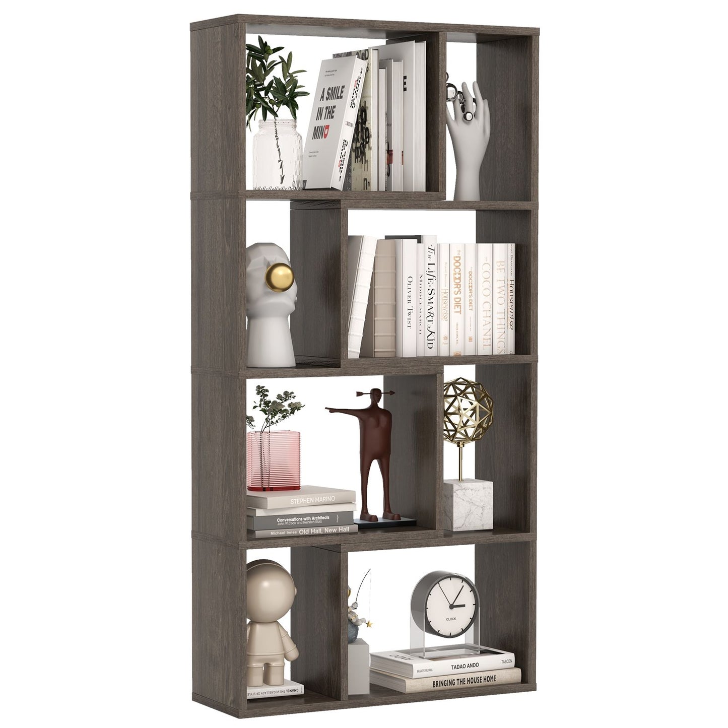 5-Tier Geometric Bookshelf with 8 Cubes Floor Standing Open Display Grey